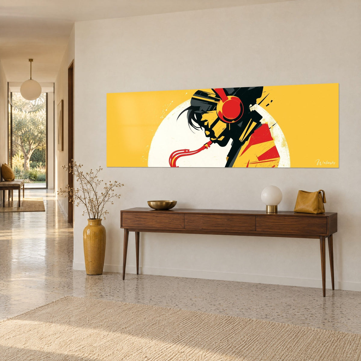 Wall art graphic music lover in flat black and yellow shapes, scarlet earphones and red cable, on a beige wall, three-quarter view