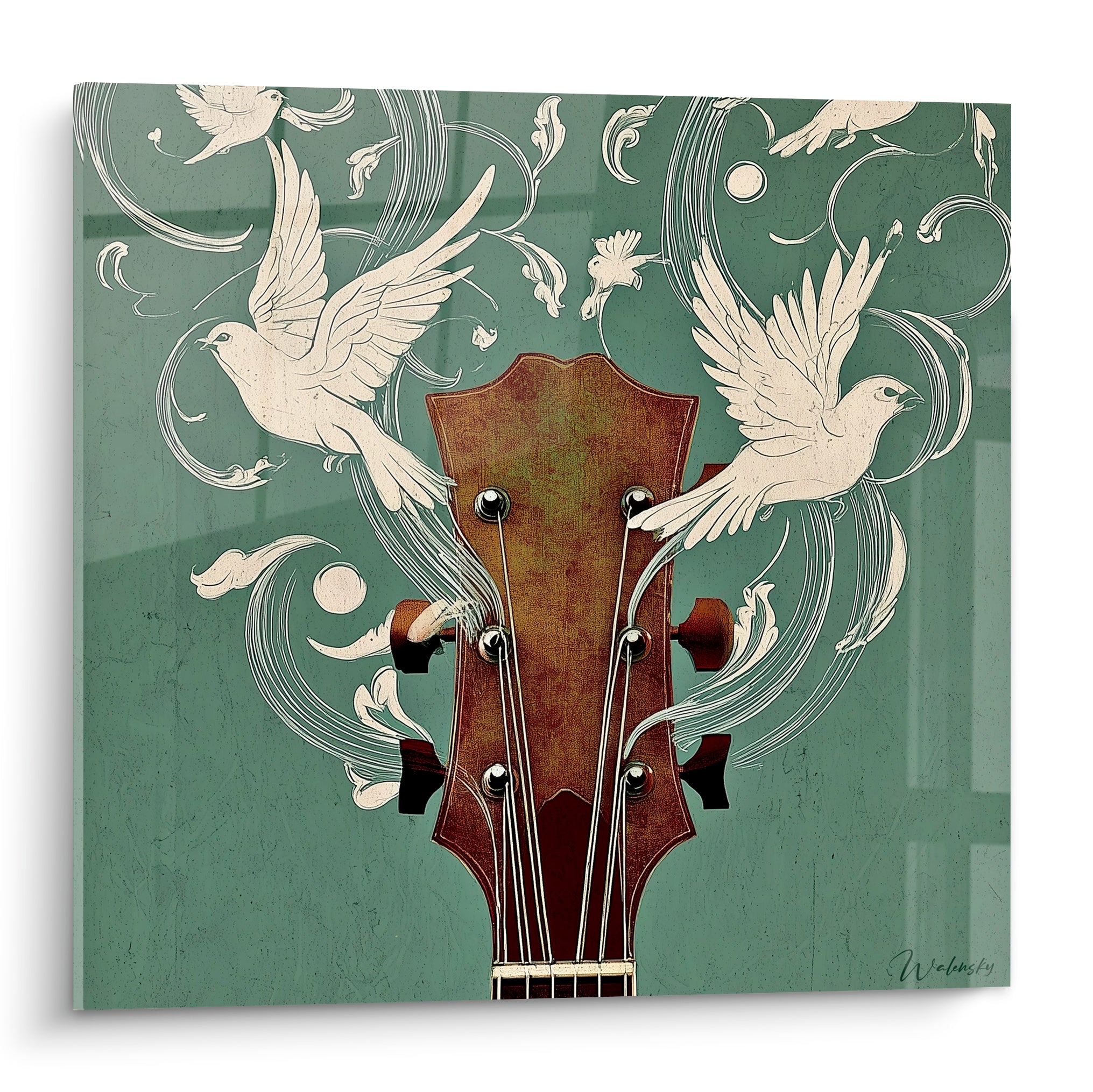 Guitare acajou et colombes blanches en envol sur fond vert sauge, style gravé et poétique