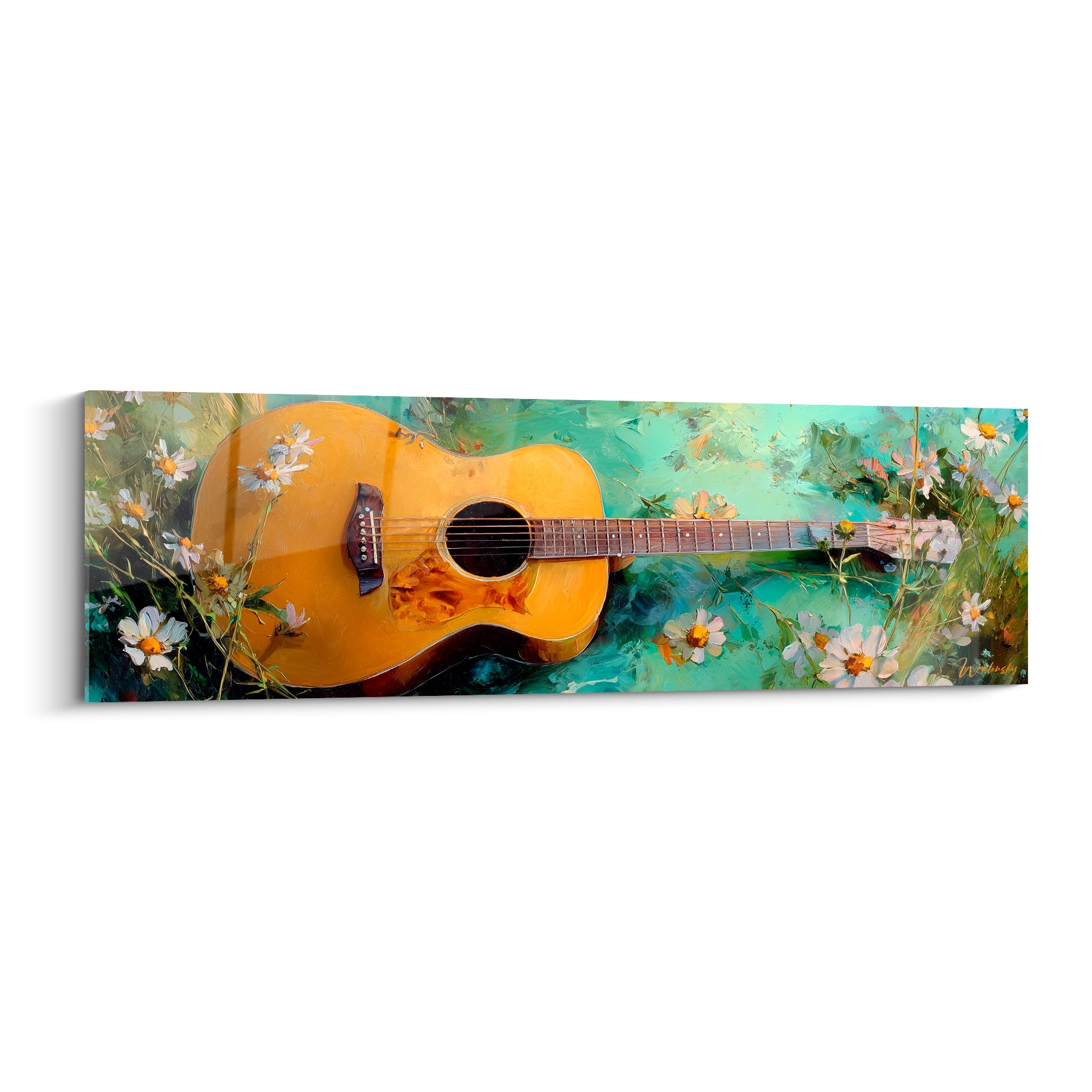 Guitare ambrée posée parmi des marguerites blanches, fond turquoise et vert émeraude, style peinture texturée