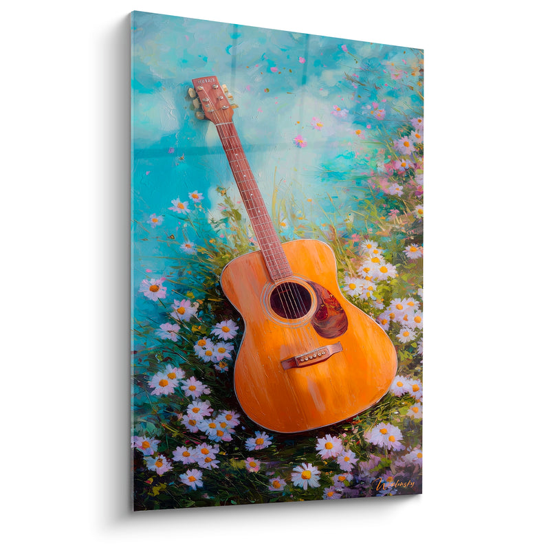 Tableau Musique guitare ambre et turquoise pâquerettes blanches - Herbe haute verte - Edition Musique