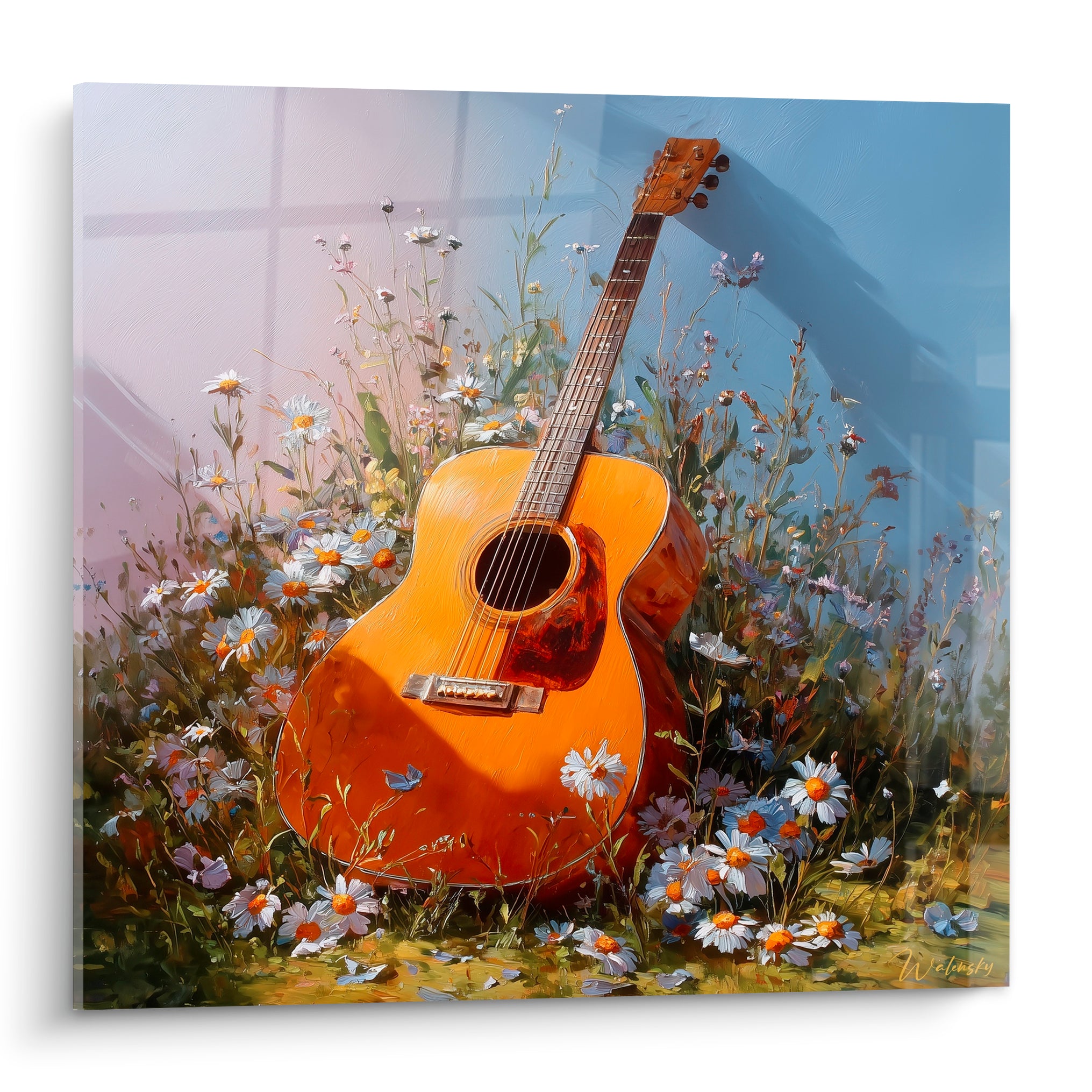 Guitare acoustique ambrée entourée de marguerites blanches et fleurs bleu pastel, style peint texturé