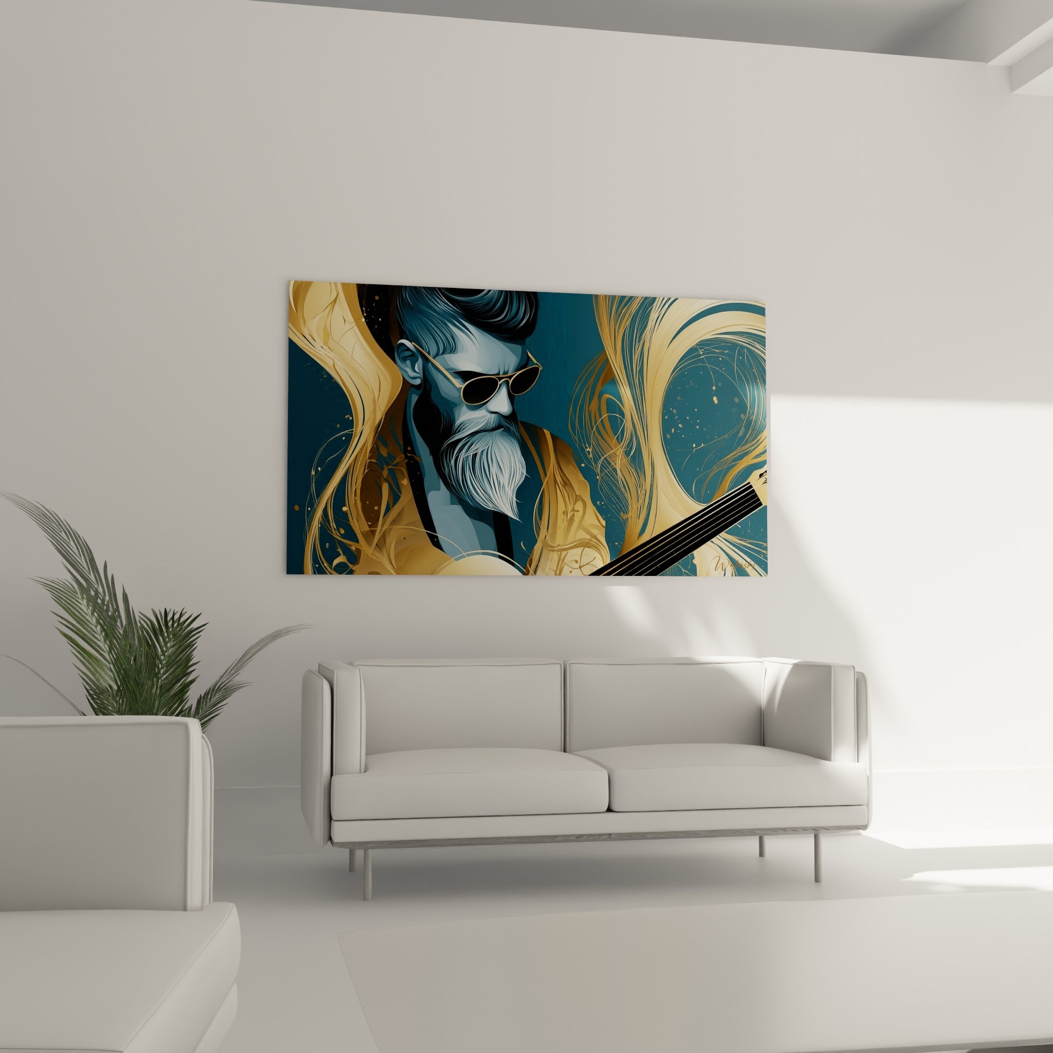 Portrait d'un guitariste stylisé en bleu et or, geste absorbé, au-dessus d'un canapé dans un salon lumineux