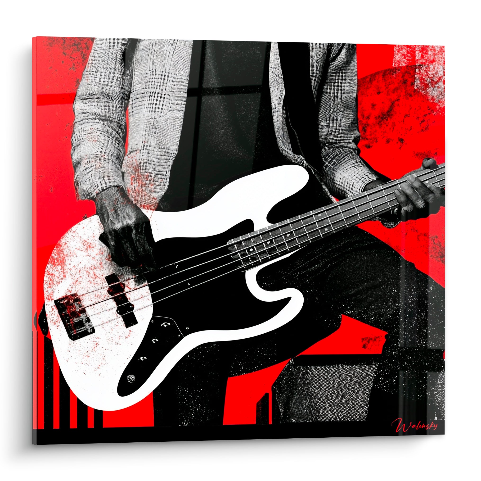 Bassiste saisi en gros contraste, guitare blanche et manche noir sur fond rouge écarlate texturé