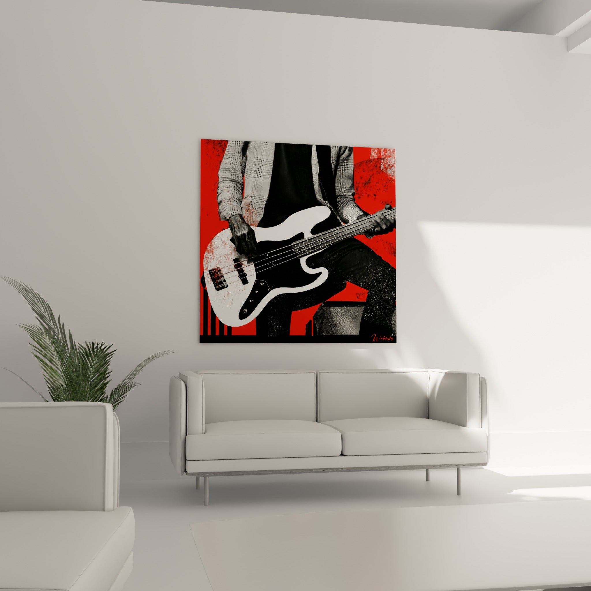 Silhouette au rouge intense et noir profond de ce tableau musique, au-dessus d'un canapé dans un salon lumineux