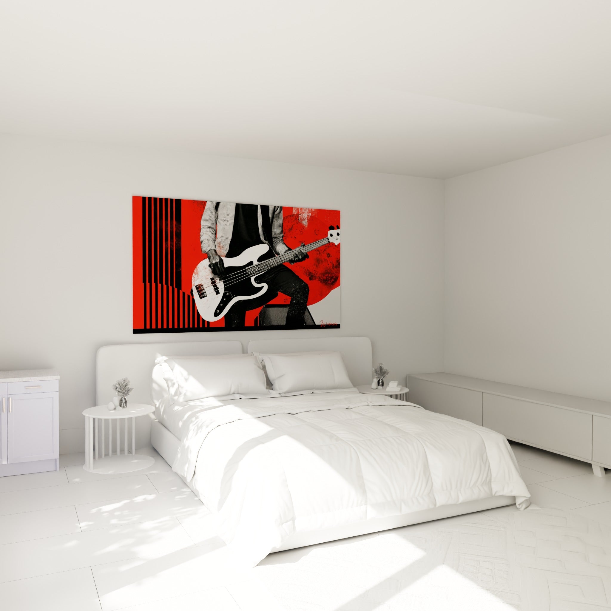 Bassiste et guitare blanche sur fond rouge intense, tableau Musique au-dessus d'un lit dans une chambre claire