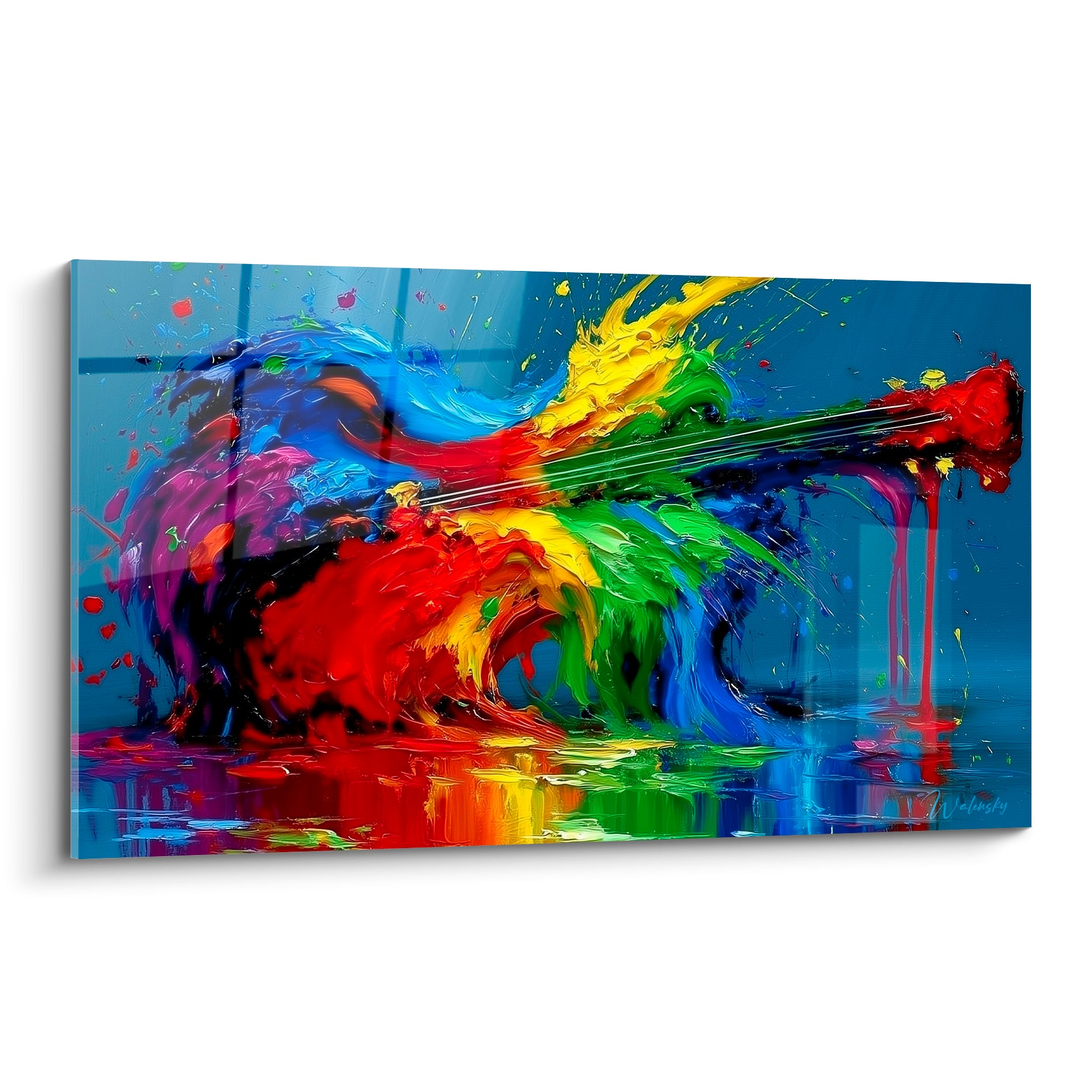 Guitare musique en explosion de bleu marine, jaune et rouge, texture épaisse et coulures vives