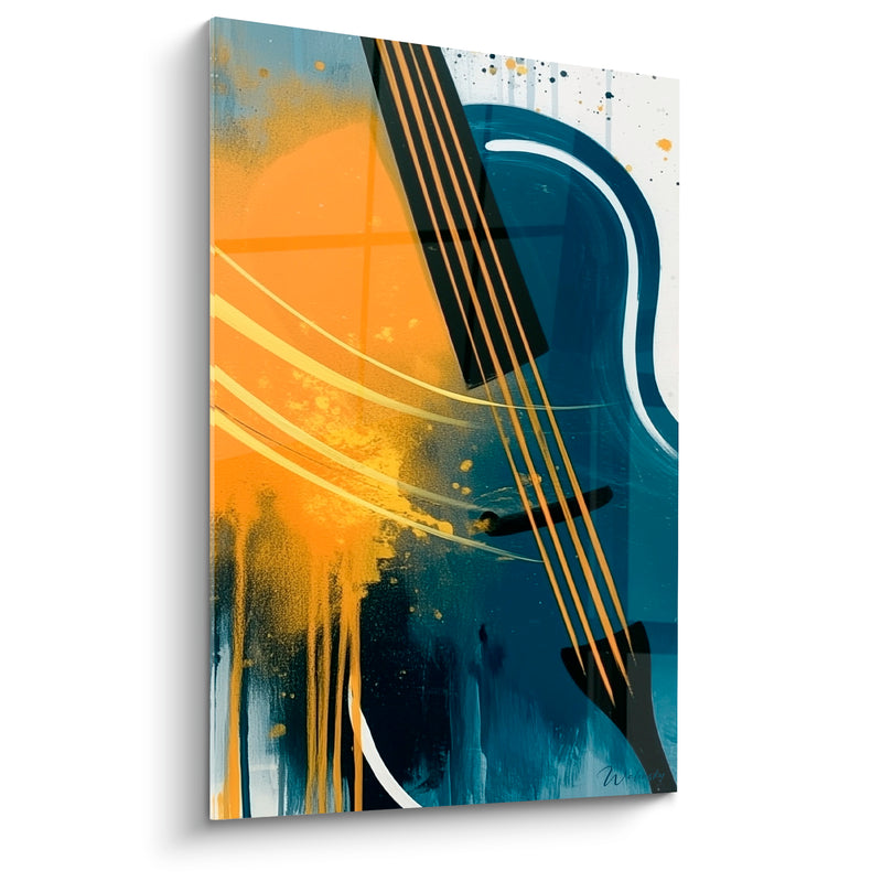 Tableau Musique bleu marine et jaune guitare éclaboussée - Cordes tendues - Edition Musique