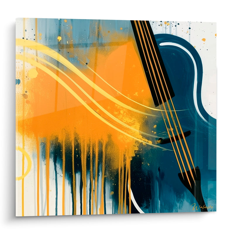 Tableau Musique violoncelle bleu et orange coulures - Cordes tendues - Edition Musique