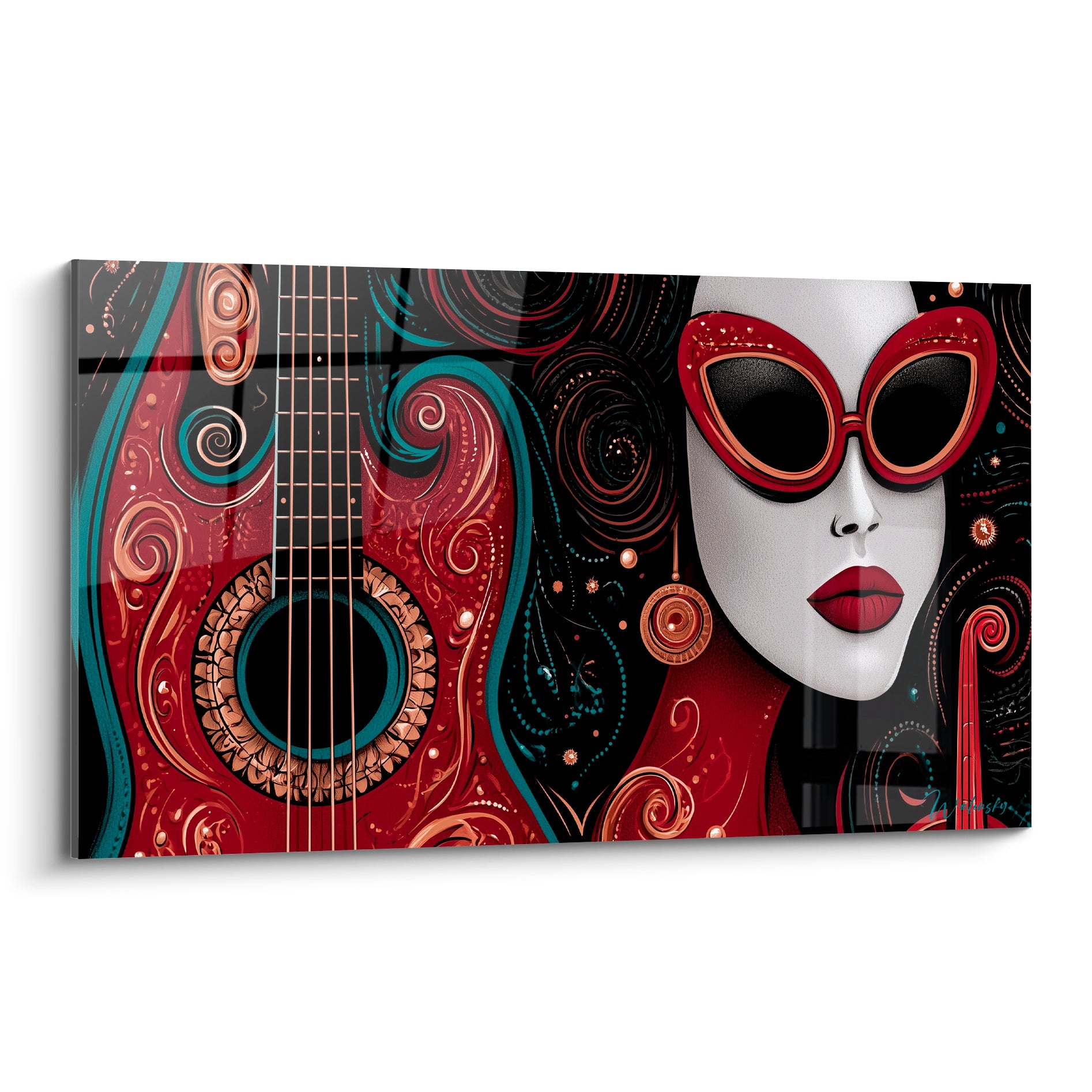 Visage aux lunettes rouges et guitare bordeaux ornée de volutes dorées sur fond noir étoilé