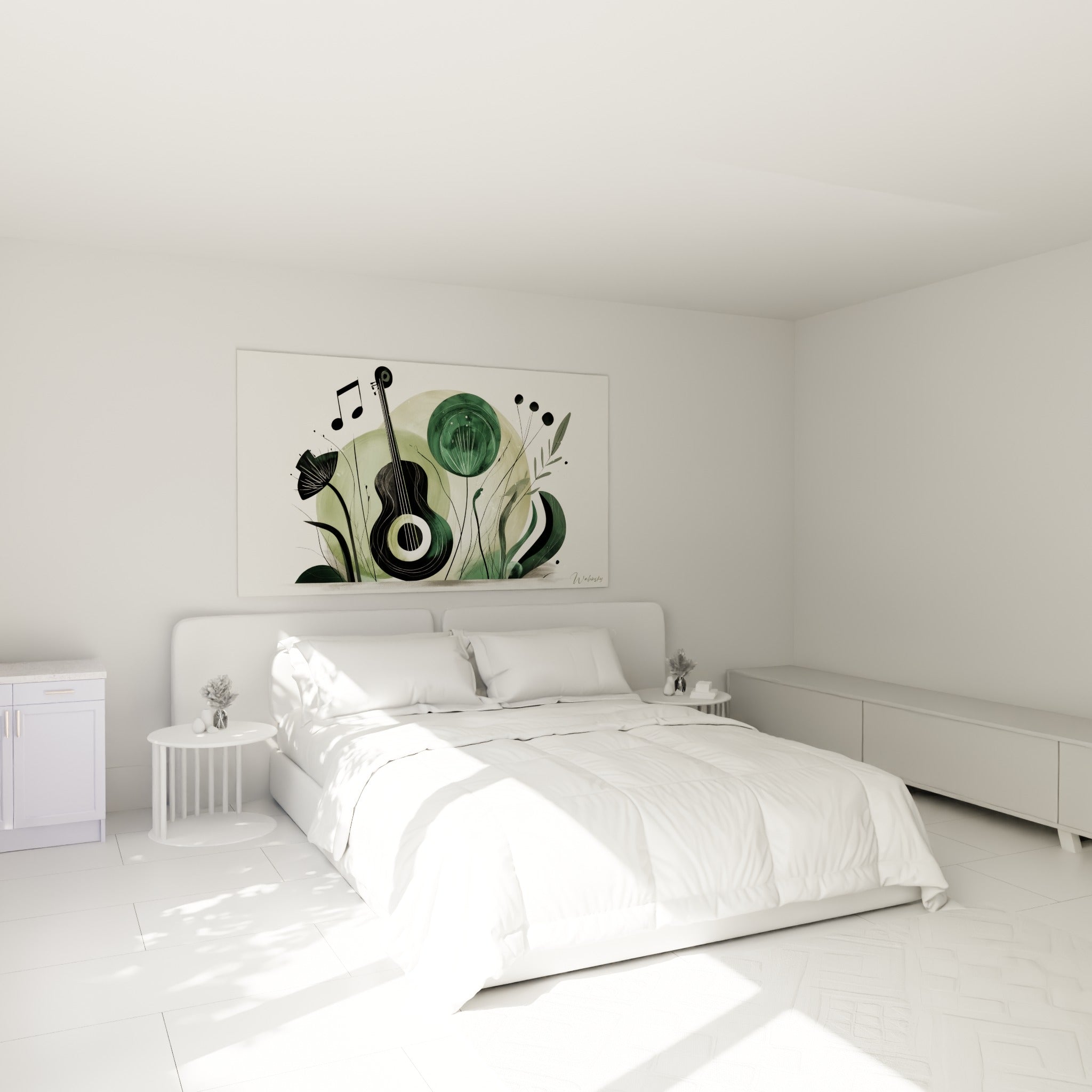 Instrument noir et végétation vert émeraude accrochés au-dessus d'un lit dans une chambre claire