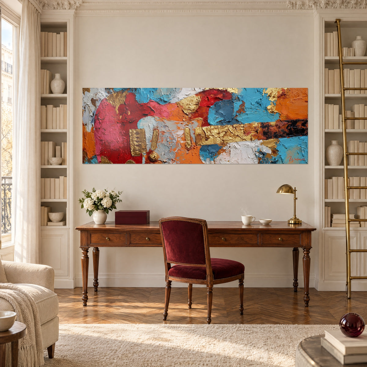 Tableau Stratocaster abstraite, couche épaisse d'or, bleu céruléen et rose fuchsia, au-dessus d'un bureau en bois près d'une bibliothèque