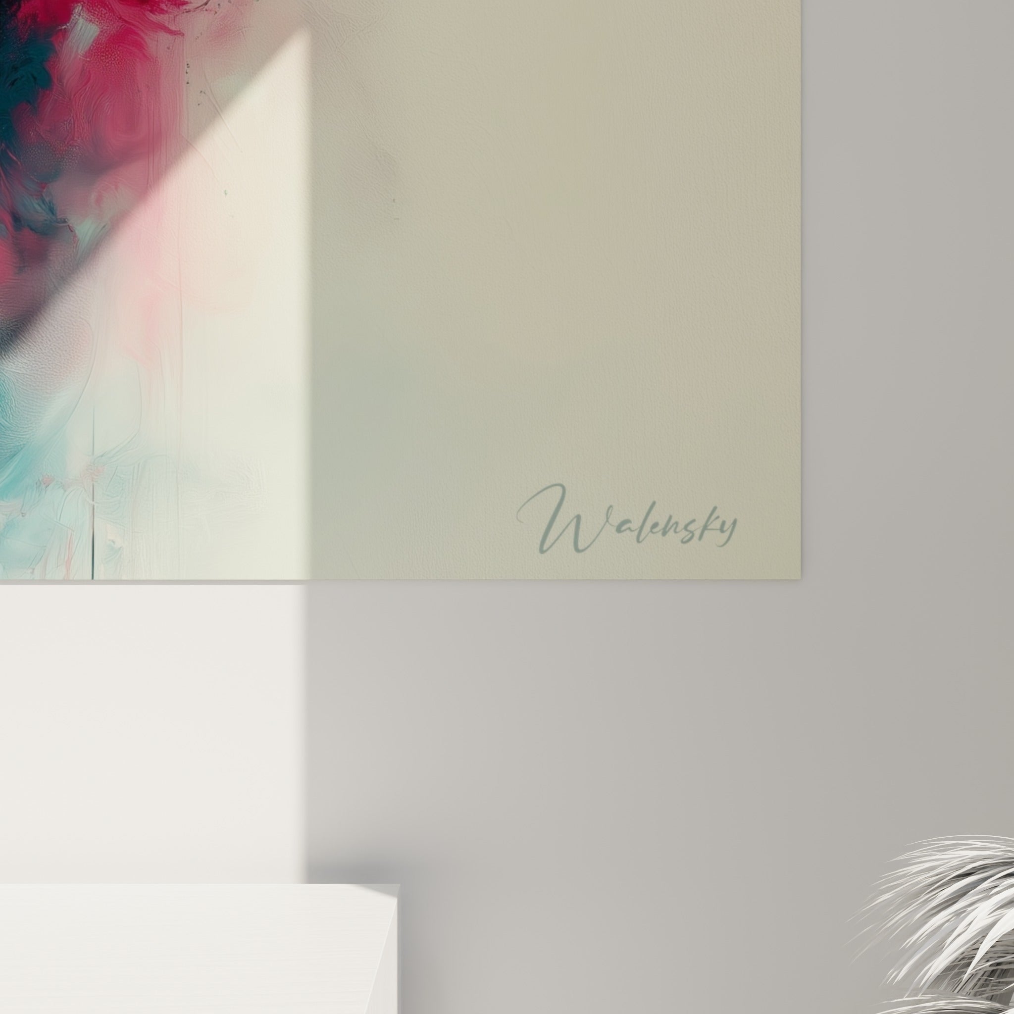 Détail des micros argentés et coulures rouge et bleu pétrole sur la texture picturale du tableau
