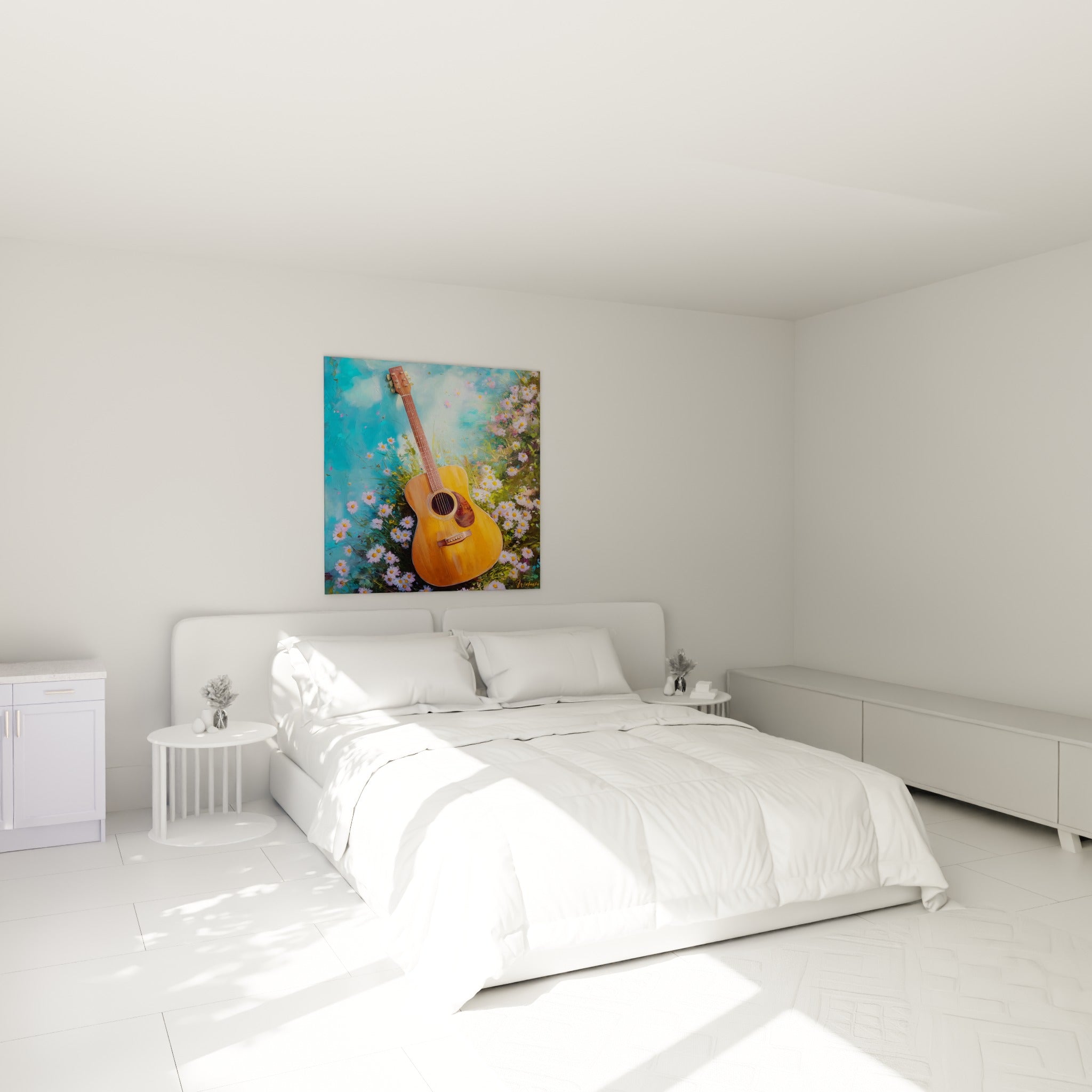 Guitare dorée nichée parmi les marguerites blanches, au-dessus d'un lit dans une chambre claire