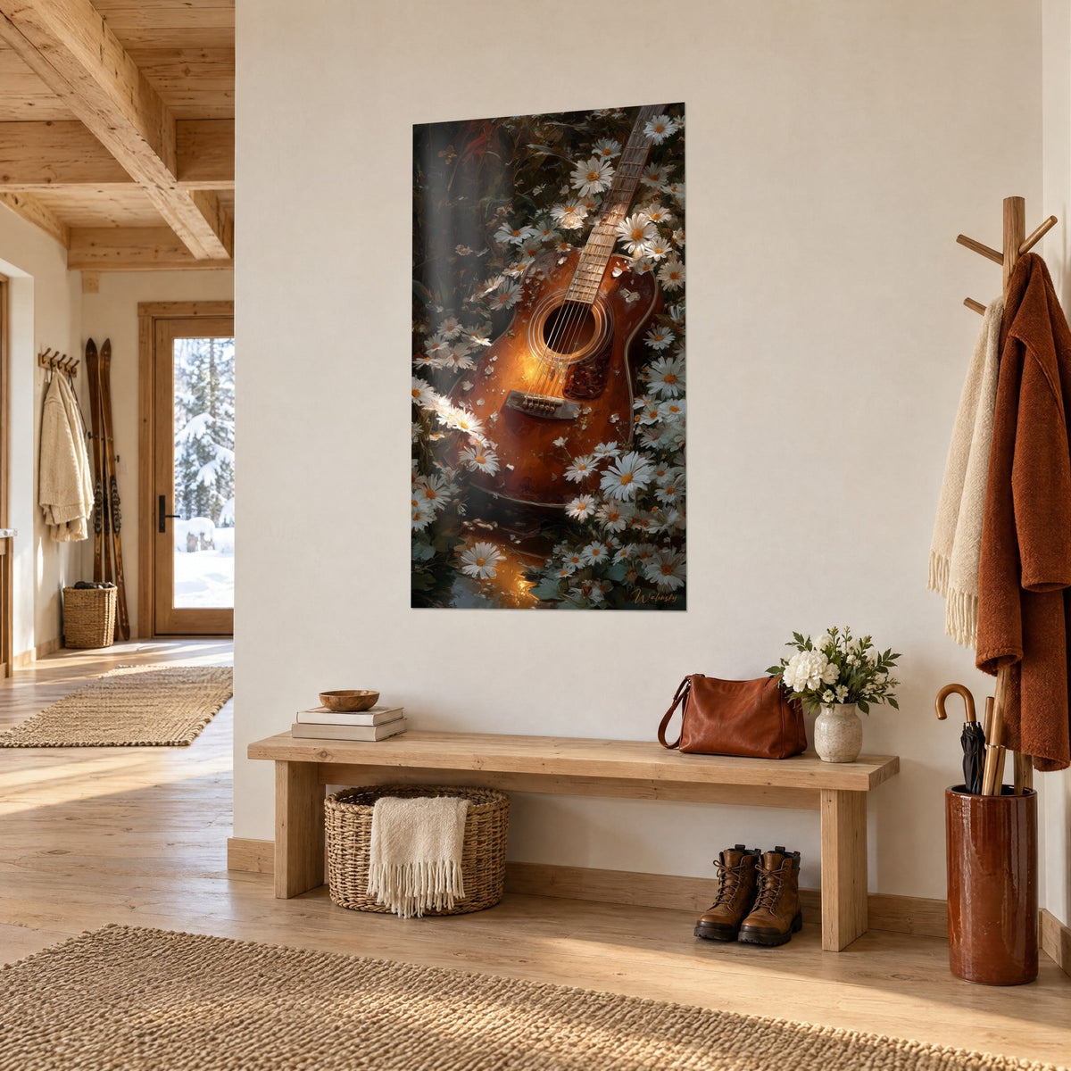 Wall art russet wooden instrument surrounded by white flowers with orange centers, seen three-quarter view, in a wooden chalet entryway