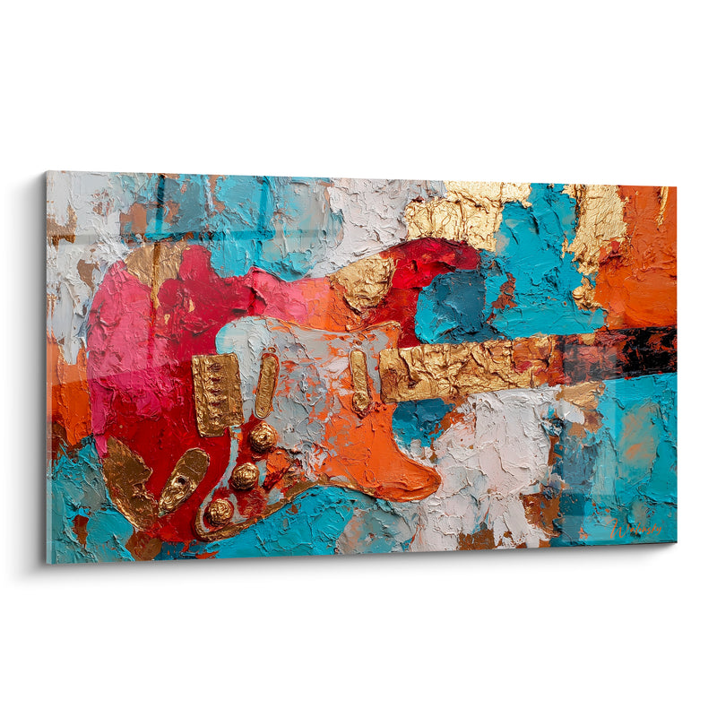 Tableau Musique guitare turquoise et rouge boutons dorés - Manche empâté épais - Edition Musique