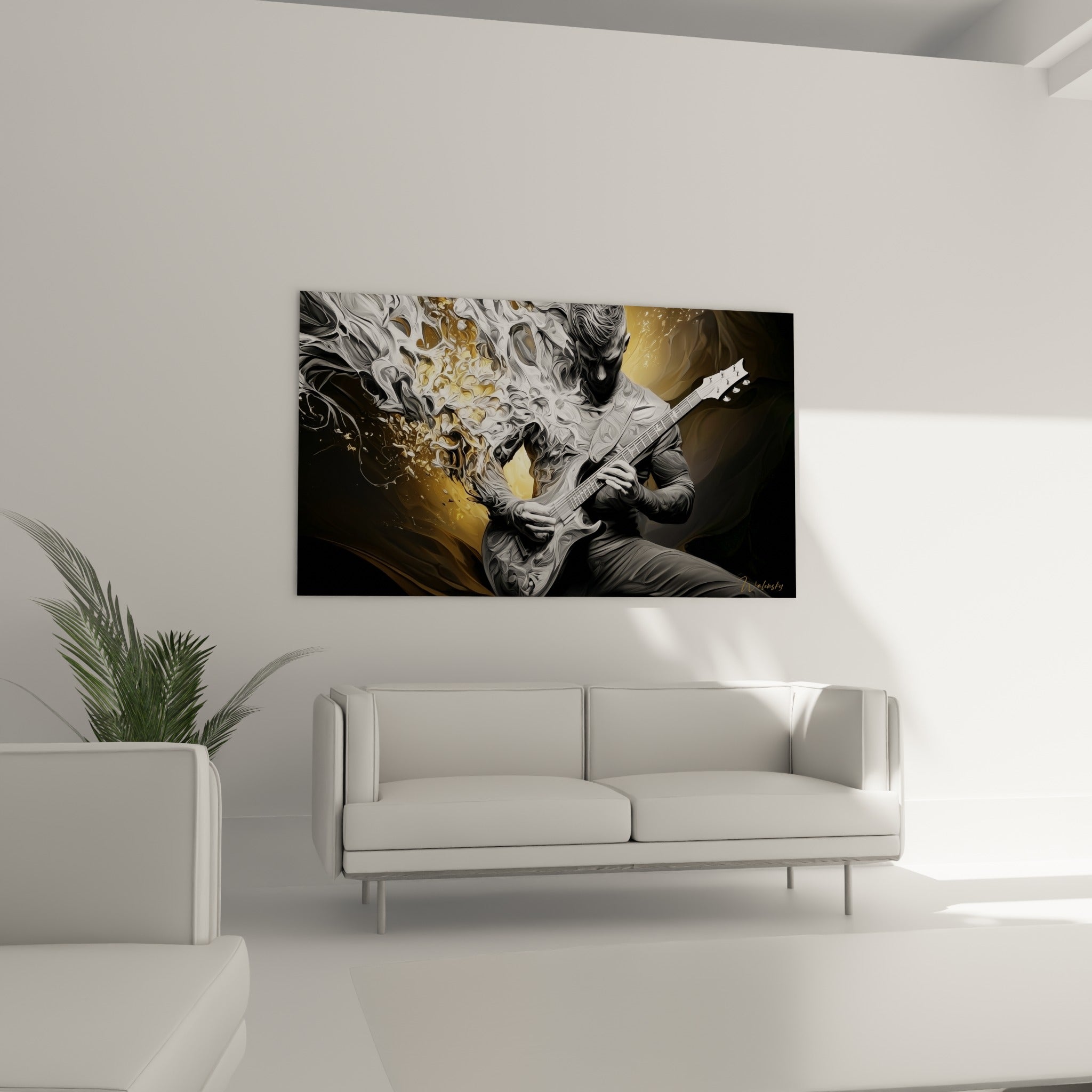 Silhouette du guitariste consumée par des vagues dorées et blanches, au-dessus d'un canapé dans un salon lumineux