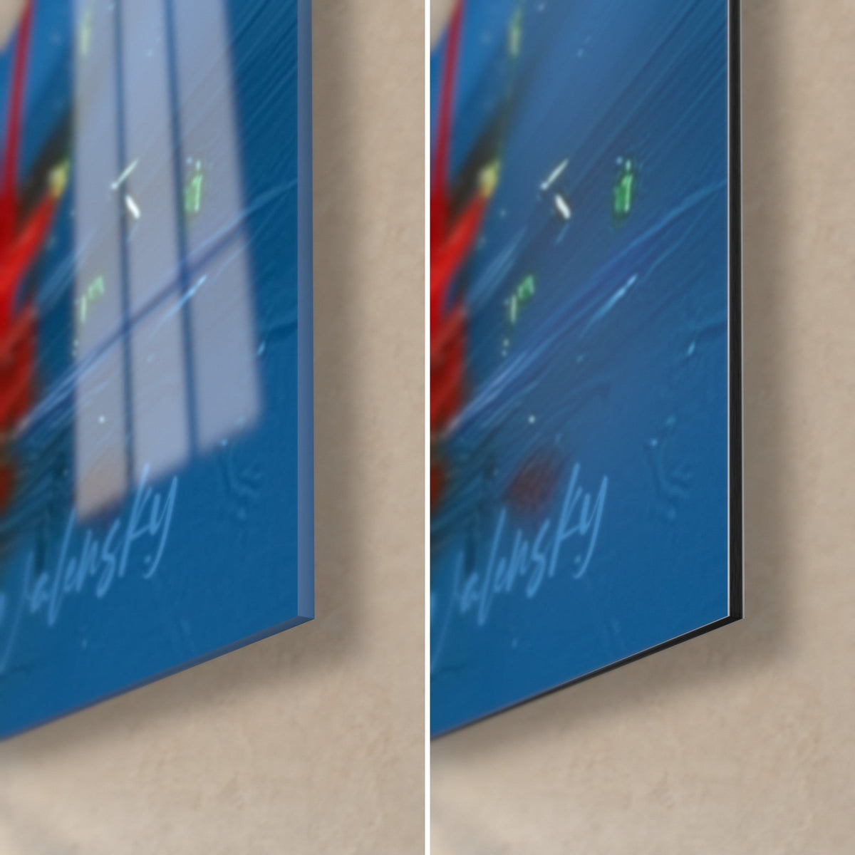 Tableau violoncelle multicolore, coin bas droit en verre acrylique brillant et alu Dibond mat bleu, tranche de 3 mm visible
