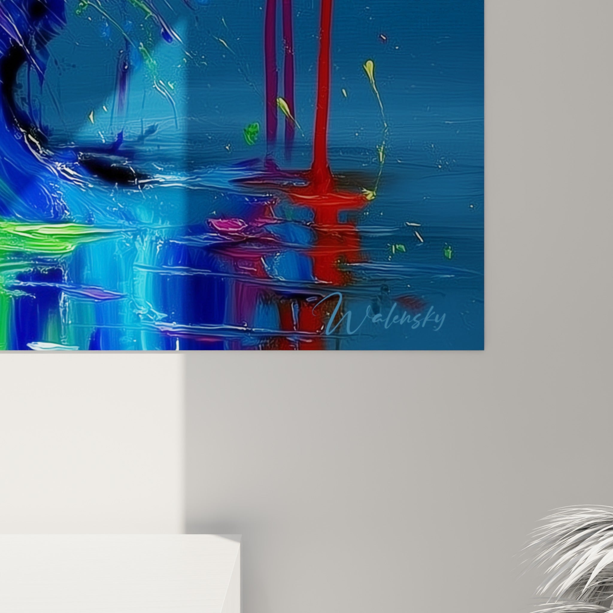 Empâtements colorés en jaune, vert et rouge révélant la matière épaisse de la peinture sur la toile musicale