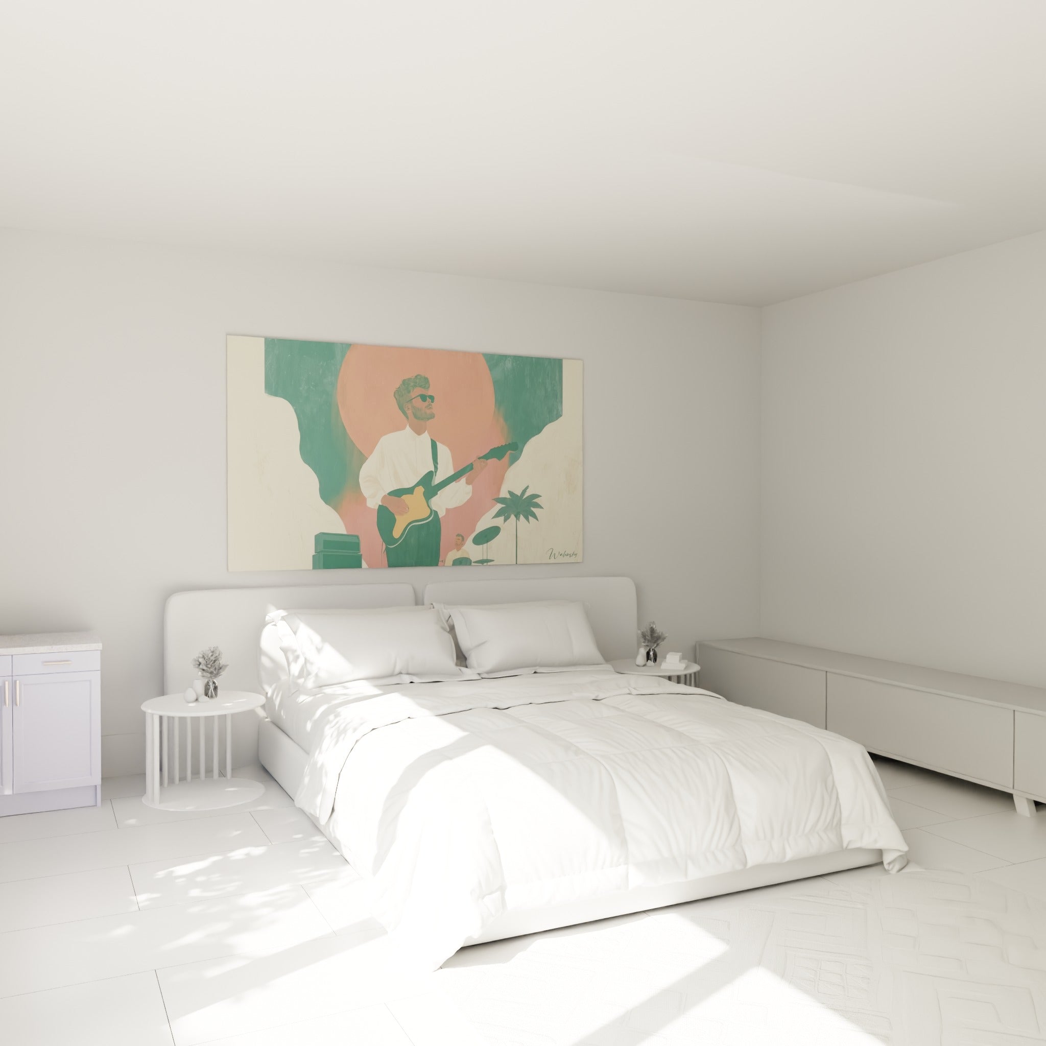 Musicien à la guitare jaune et noire sous un soleil orange, au-dessus d'un lit dans une chambre claire