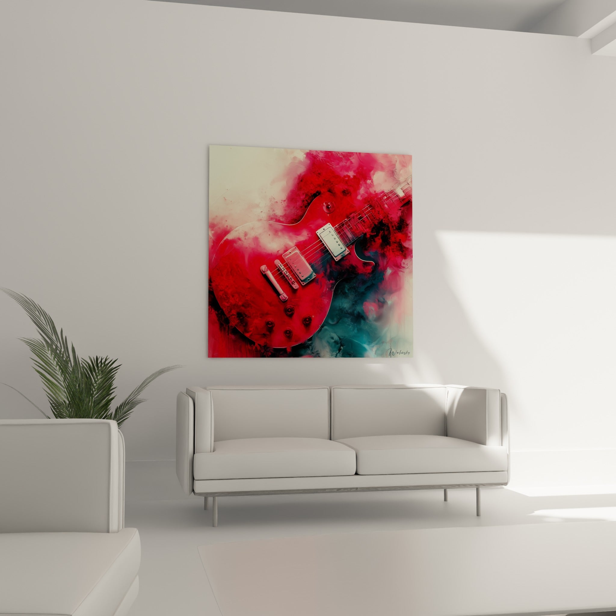 Manche et cordes d'une guitare rouge intense sur fond bleu ardoise, au-dessus d'un canapé dans un salon lumineux