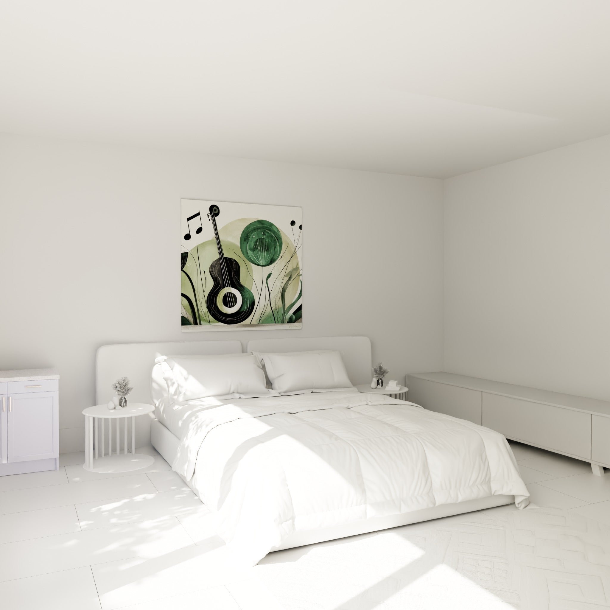 Instrument noir et vert sauge mêlé à des tiges graphiques, accroché au-dessus d'un lit dans une chambre claire.