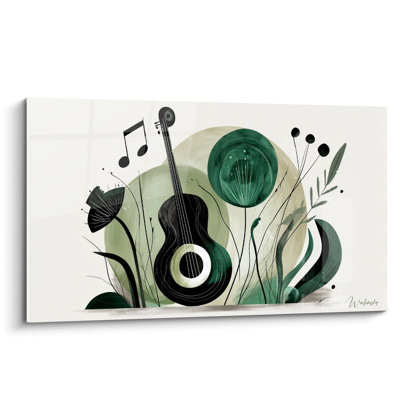 Tableau Musique guitare noire végétation vert sauge - Jardin mélodique - Edition Musique