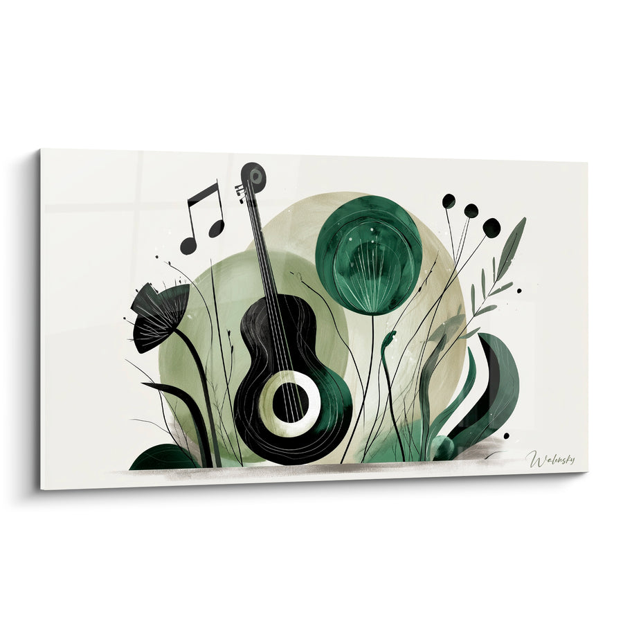 Tableau Musique guitare noire végétation vert sauge - Jardin mélodique - Edition Musique