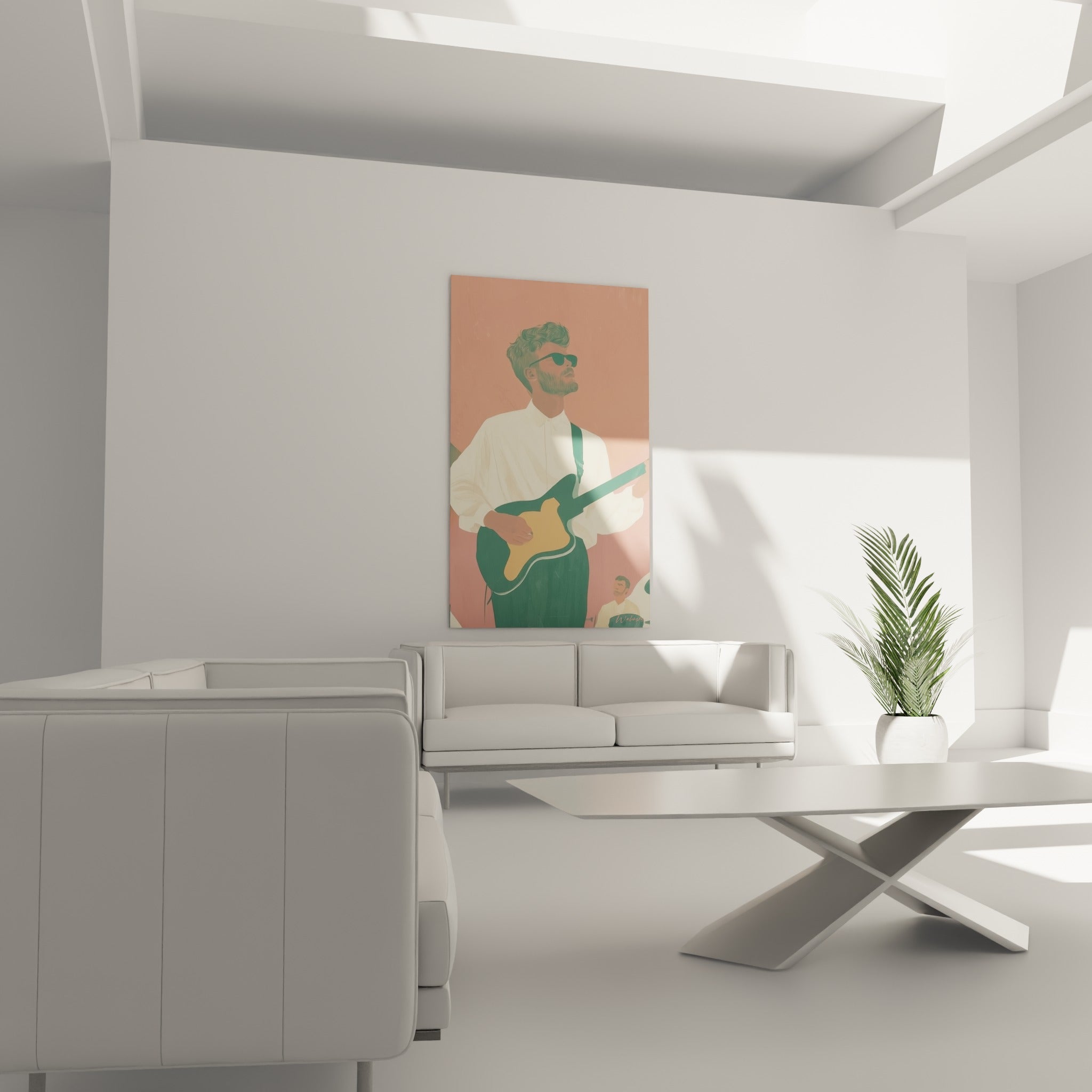 Personnage stylisé en camaïeu vert jouant de la guitare ocre, placé au-dessus d'un canapé dans un salon lumineux
