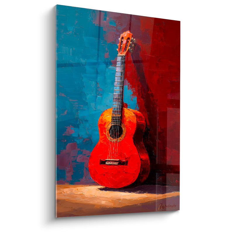 Tableau Musique guitare orange et bleu appuyée au mur - Chevalet en bois sombre - Edition Musique