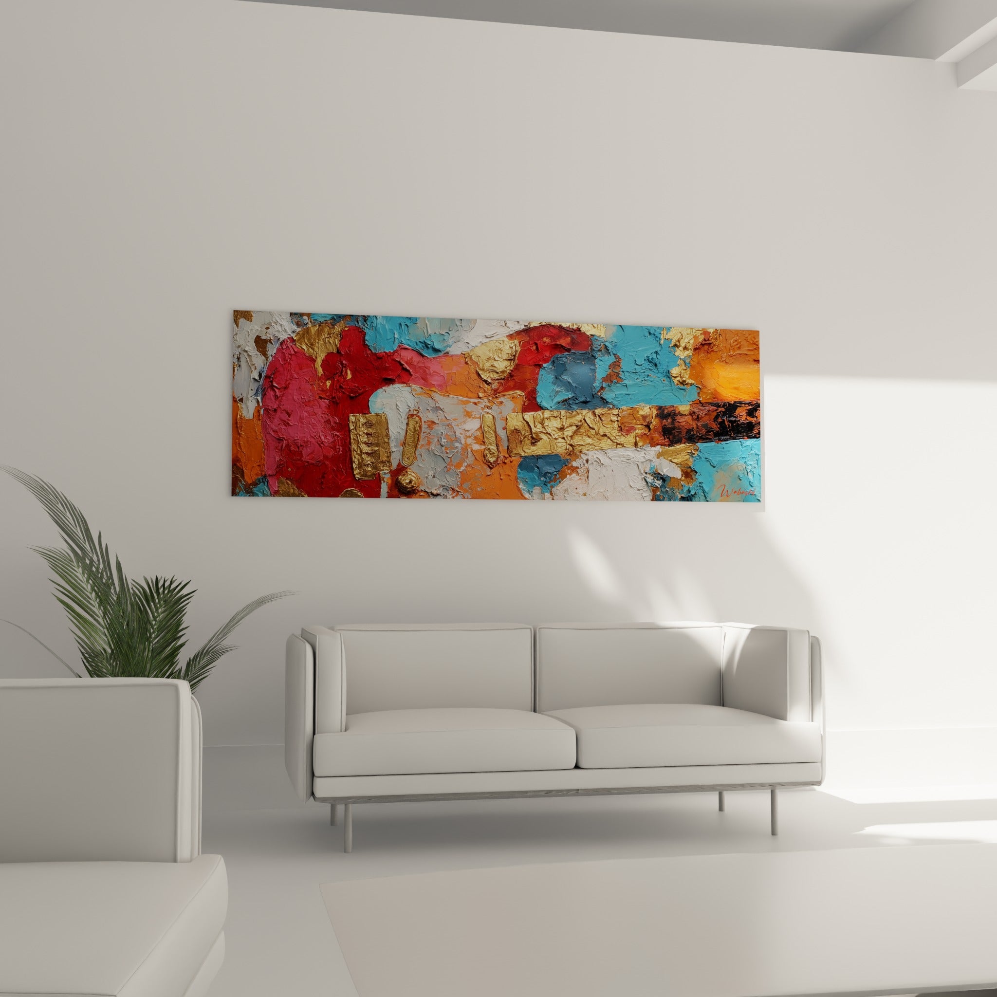 Instrument stylisé aux tons orange et turquoise accroché au-dessus d'un canapé dans un salon lumineux