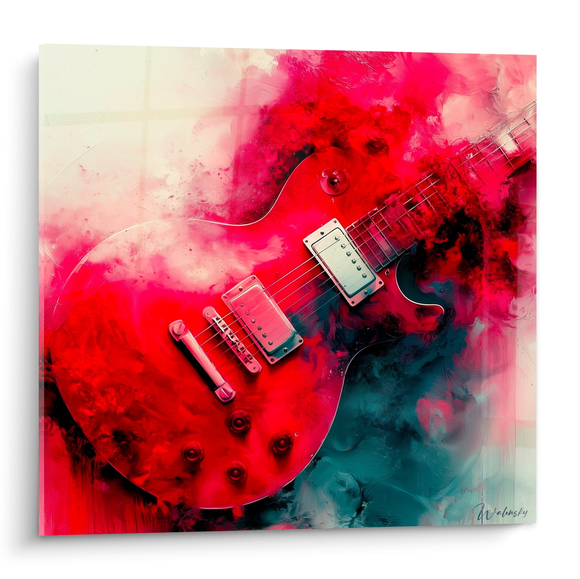 Guitare électrique rouge et bleu pétrole peinte en matière expressive sur fond éclaboussé