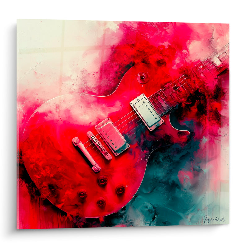 Tableau Musique guitare rouge et bleu pétrole - Riff en suspens - Edition Musique