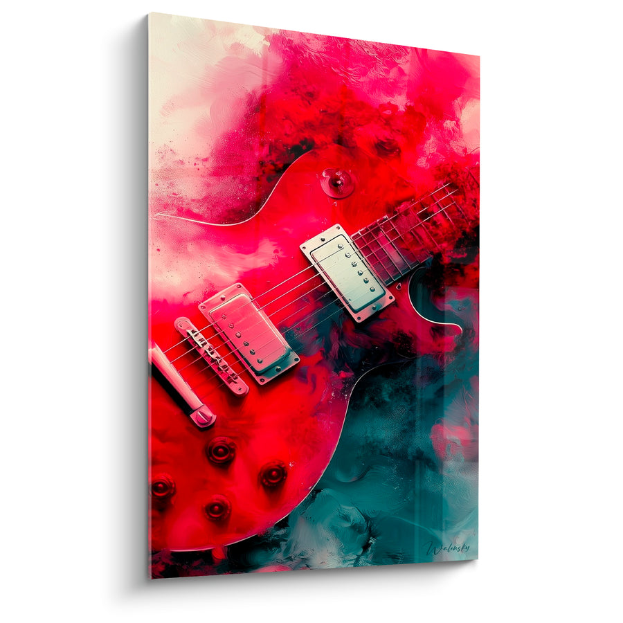 Tableau Musique rouge carmin et bleu pétrole guitare électrique - Riff incandescent - Edition Musique