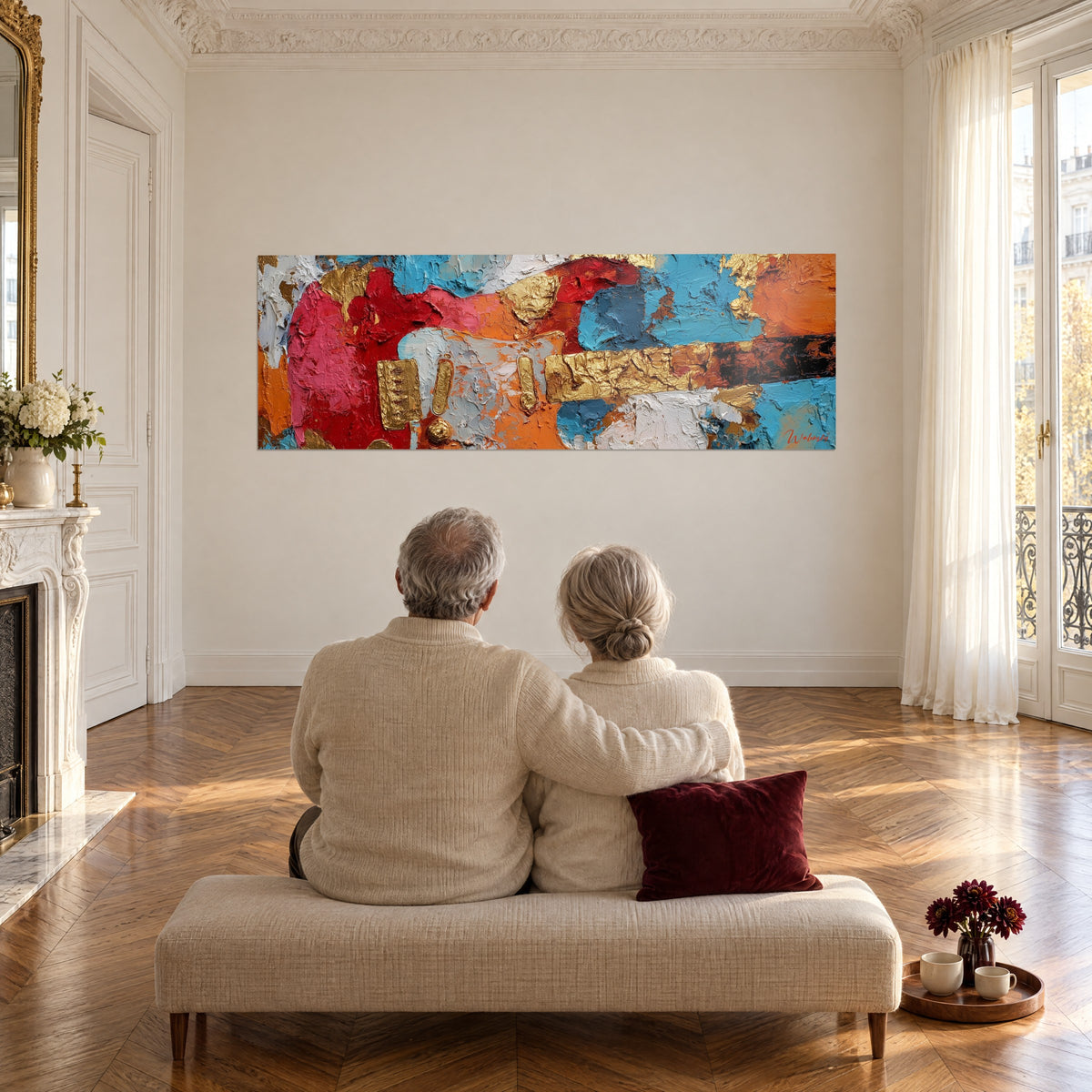 Tableau guitare rouge vif aux reliefs dorés et turquoise, regardée par un couple âgé assis de dos sur un banc dans un salon haussmannien