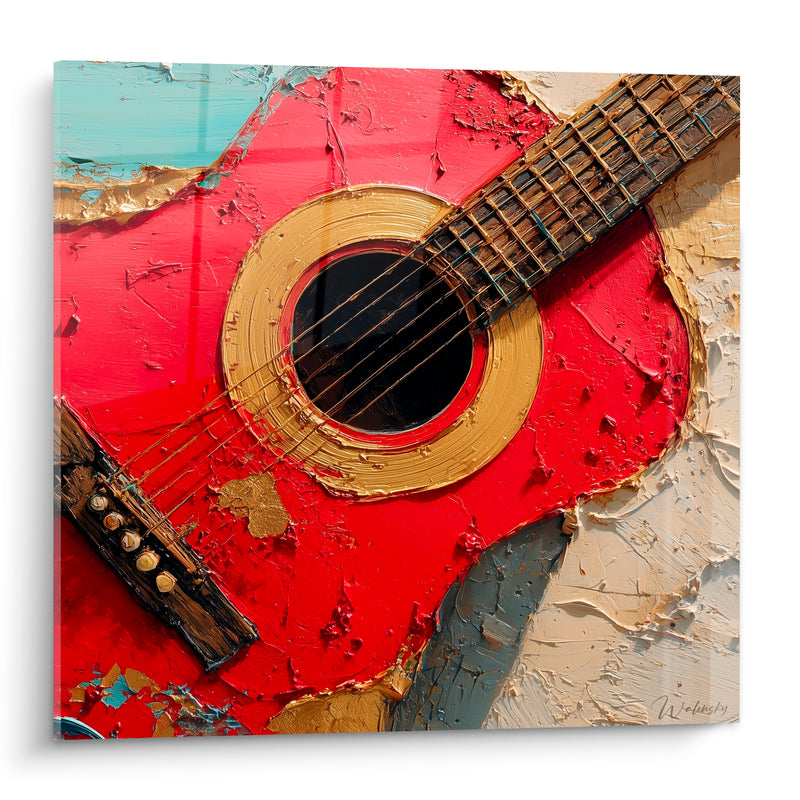 Tableau Musique guitare rouge et dorée en gros plan - Accord suspendu - Edition Musique