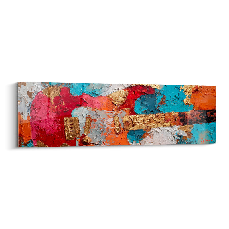 Tableau Musique guitare rouge et turquoise éclatée - Micros dorés texturés - Edition Musique