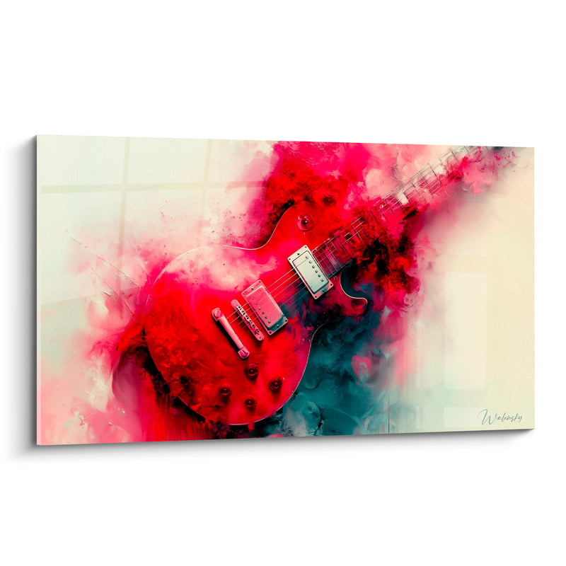 Tableau Musique guitare rouge et bleu pétrole micros chromés - Éclaboussure enfumée - Edition Musique