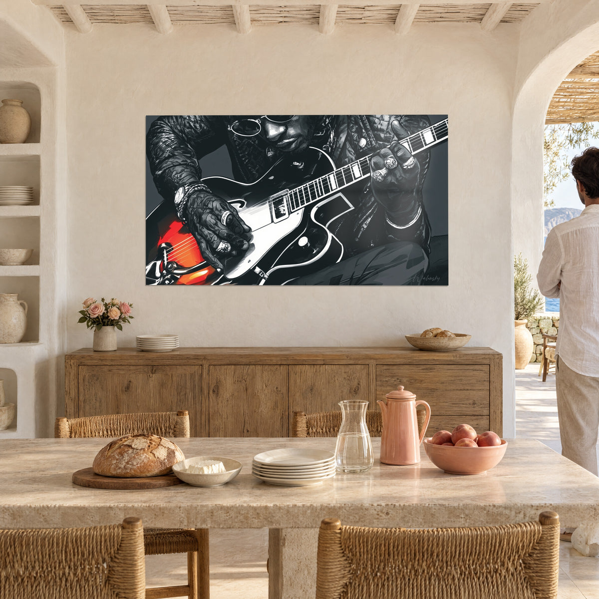 Schilderij van een gitarist in zwart jack en zilveren horloge, vurig rood gitaarlichaam, aan een beige muur boven een dressoir van licht hout