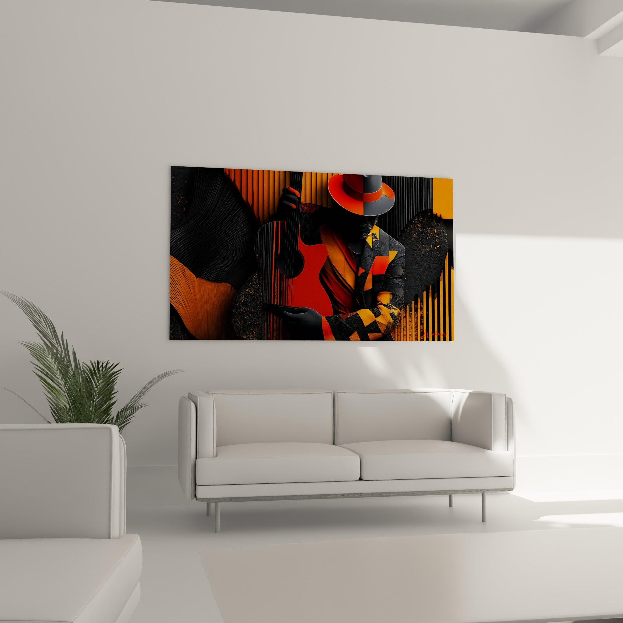 Personnage coiffé d'un chapeau bicolore orange tenant une guitare rouge, au-dessus d'un canapé dans un salon lumineux