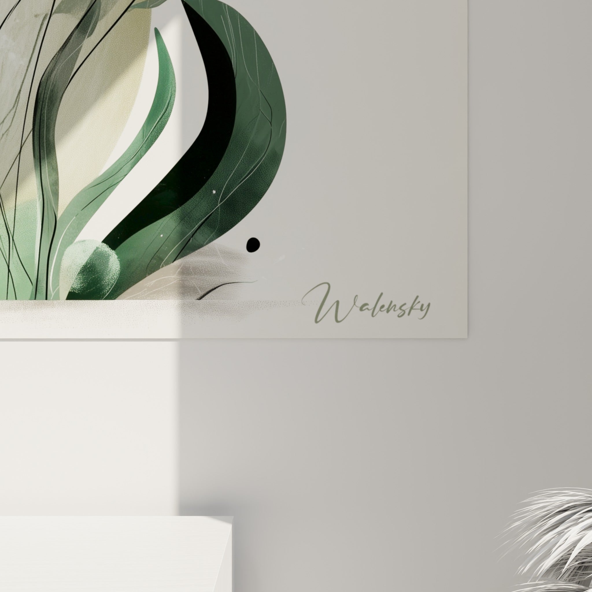 Détail des contours noirs et du dégradé vert sauge sur la toile, grain et matière visibles de près