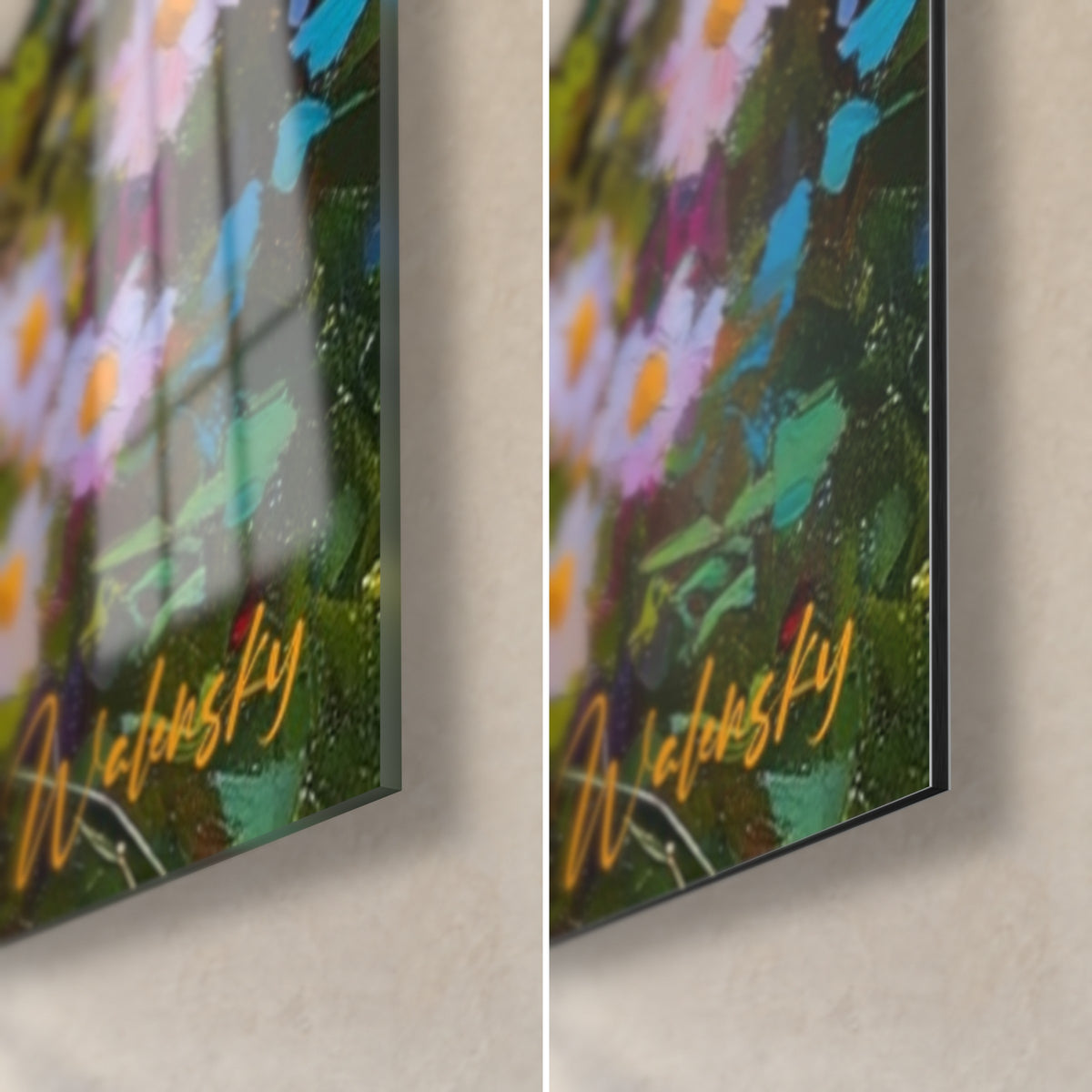 Schilderij Amberkleurige gitaar op een turquoise achtergrond, rechtsonder: glanzend acrylglas links, mat Dibond-aluminium rechts, 3 mm dikte