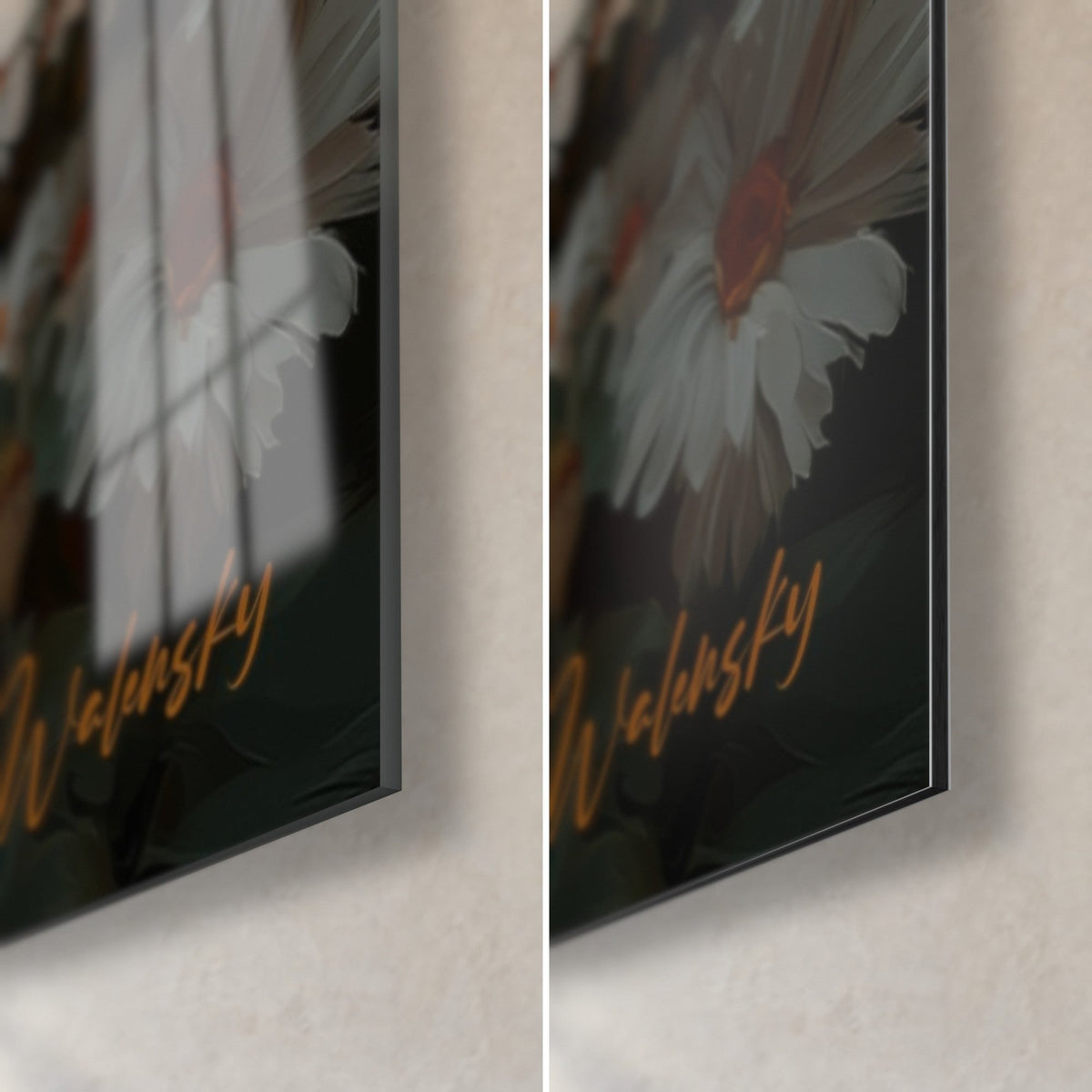 Wall art copper-toned guitar and white daisy, bottom right corner: glossy acrylic glass on the left, matte black Dibond on the right