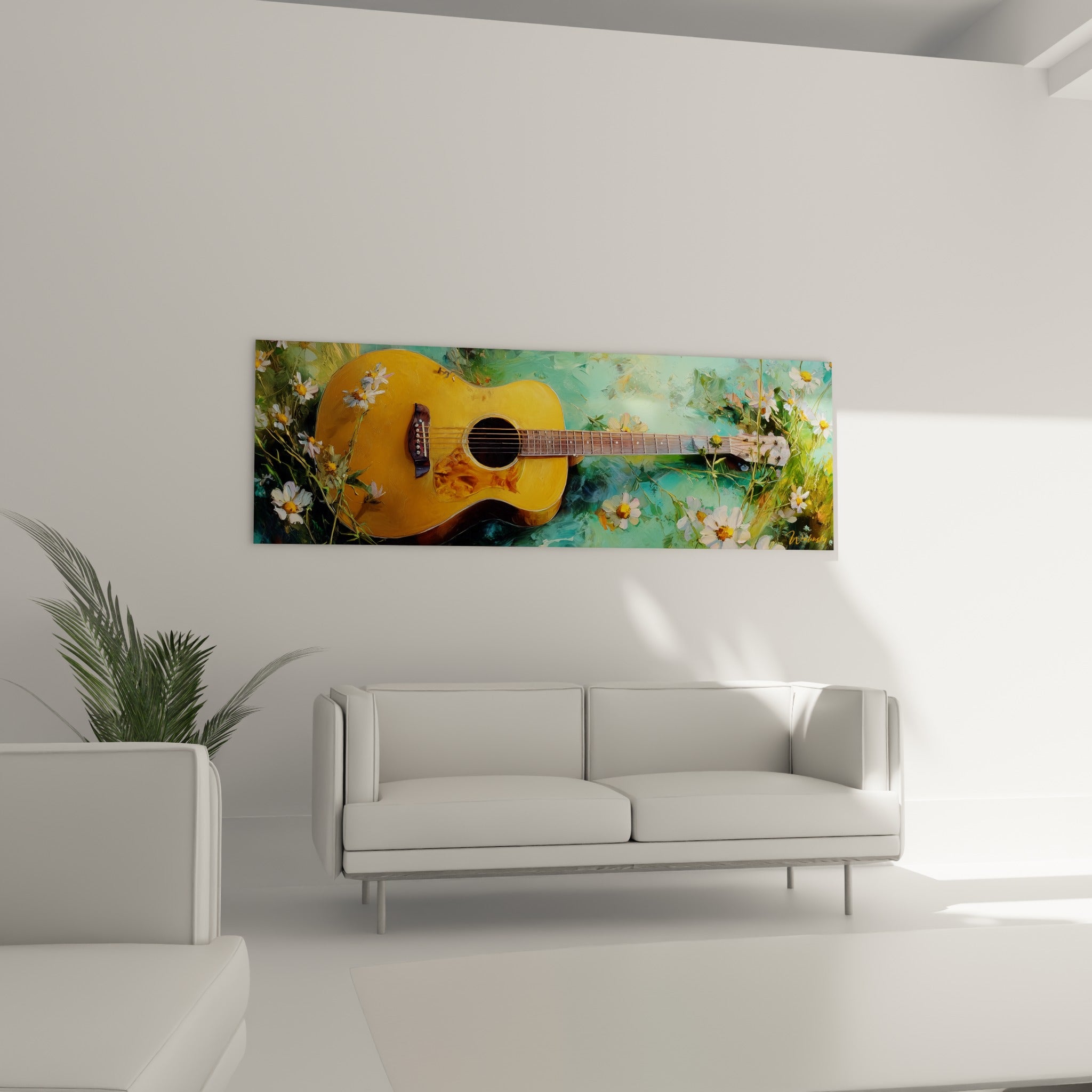 Guitare miel nichée dans un champ de marguerites turquoise, au-dessus d'un canapé dans un salon lumineux