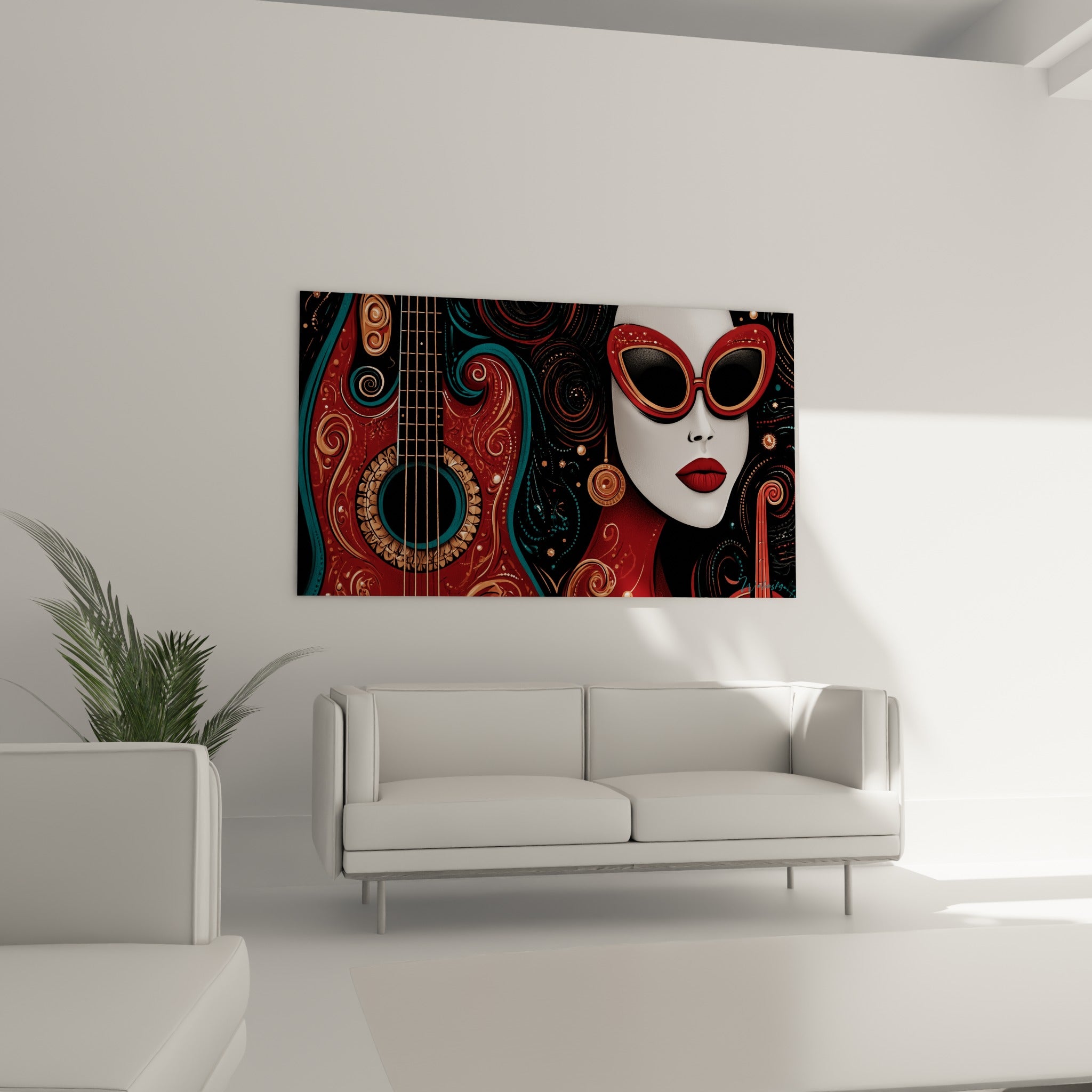 Silhouette énigmatique aux lèvres rouges près d'une guitare dorée au-dessus d'un canapé dans un salon lumineux