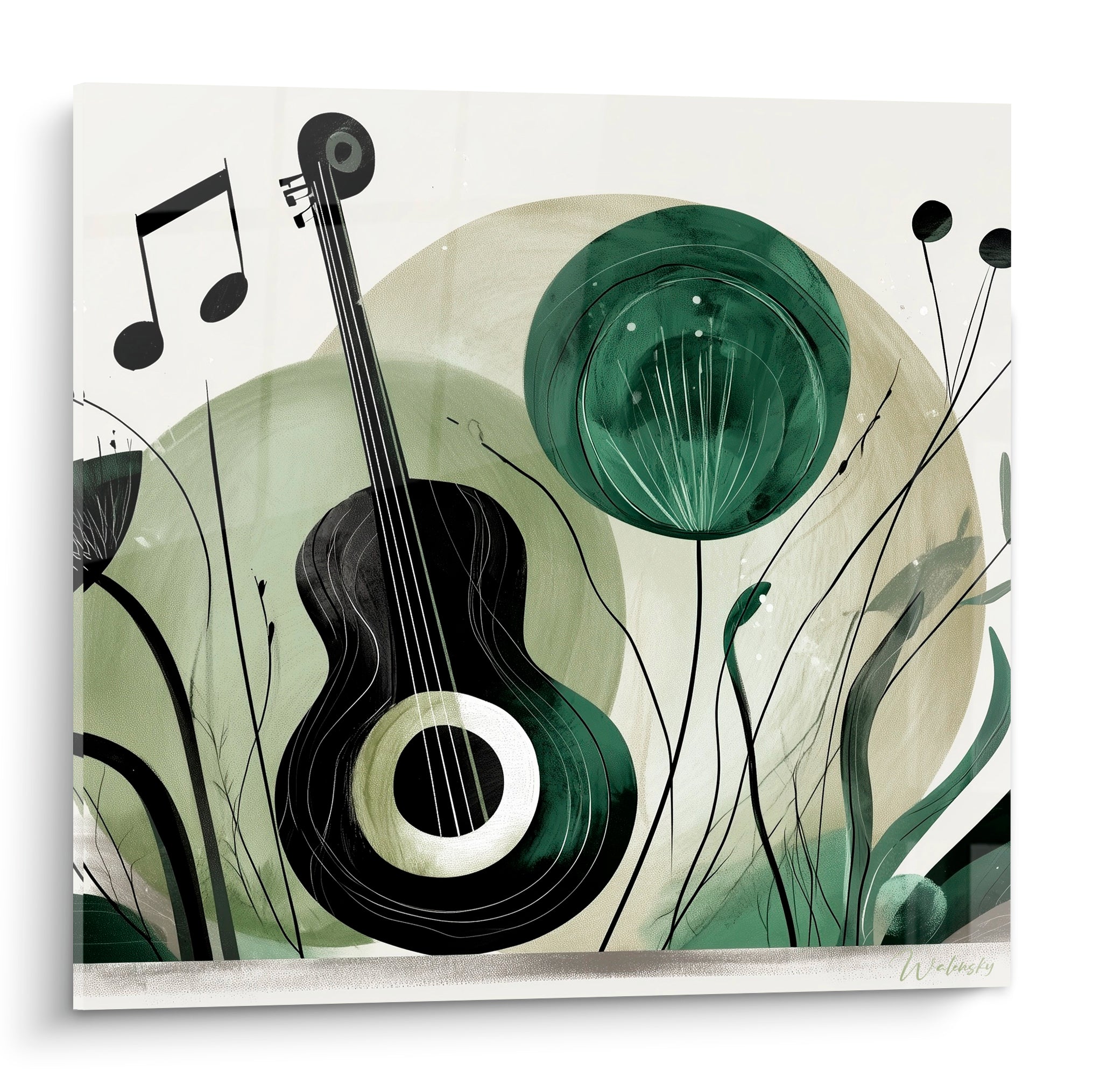 Guitare noire stylisée entourée de végétation vert sauge et notes de musique flottantes sur fond beige.