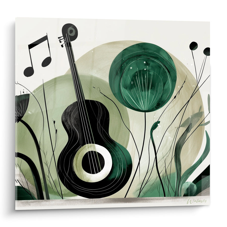 Tableau Musique guitare noire et verte fleurs sauvages - Ombelles graphiques - Edition Musique