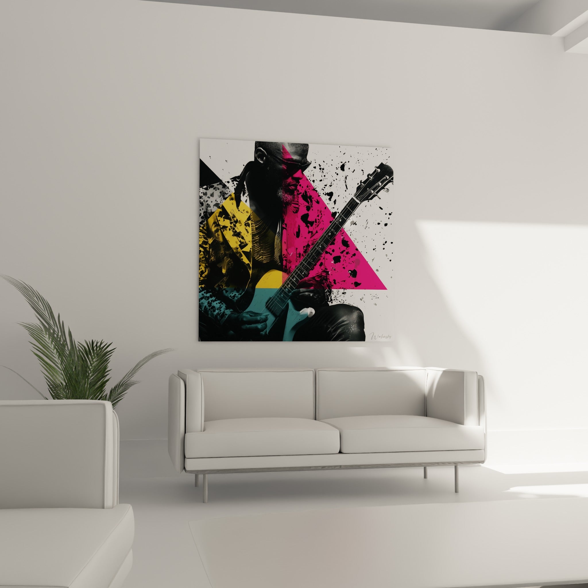 Portrait graphique d'un guitariste jaune moutarde et anthracite, au-dessus d'un canapé dans un salon lumineux