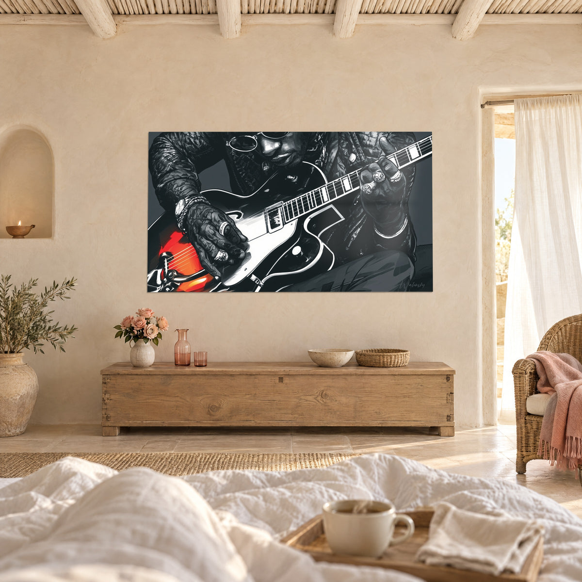 Schilderij van een elektrisch riff, beringde vingers op een witte hals, felrode frets en antracietgrijze tinten, boven een bed in een lichte slaapkamer