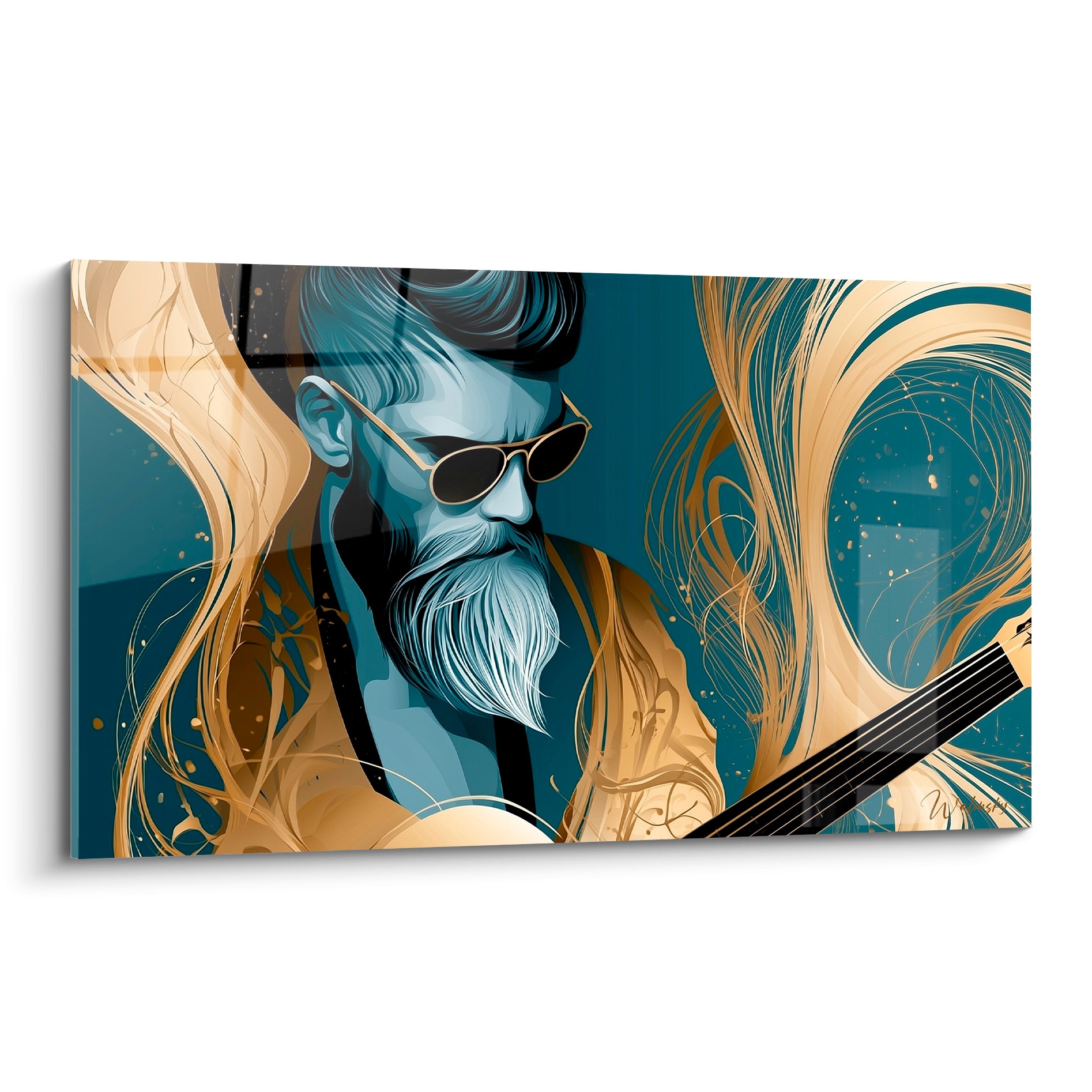 Guitariste barbu aux lunettes noires, bleu pétrole et doré, volutes tourbillonnantes autour du visage