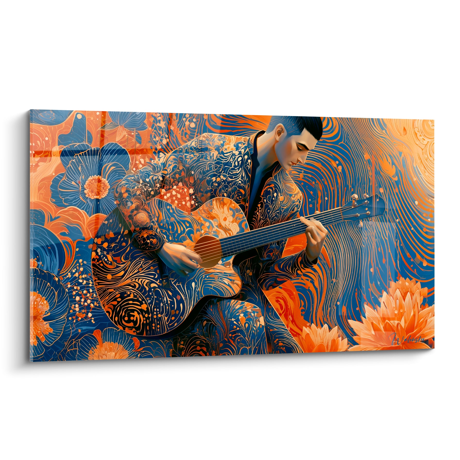 Guitariste concentré en bleu marine et orange, entouré de fleurs stylisées, jouant de la guitare acoustique